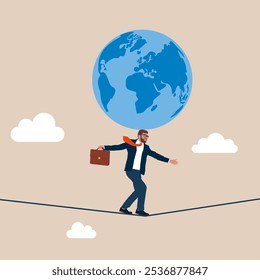 Businessman acrobat  trying to balance the globe on his head. Political and business games. Control the world. Conflict of world leaders. Flat vector illustration