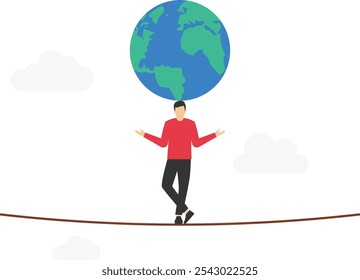 Businessman acrobat trying to balance the globe on his head. Political and business games. Control the world. Conflict of world leaders. Flat vector illustration

