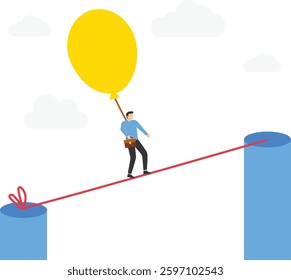 Businessman acrobat walk on the rope with balloons to reduce risk. Risk management control. Modern vector illustration in flat style

