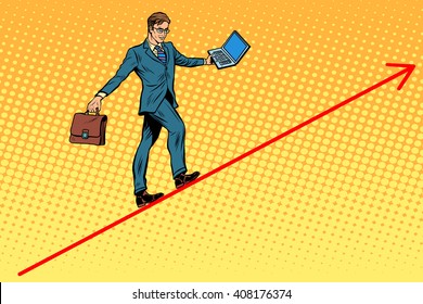 Acróbata empresario caminando por los gráficos de alambre