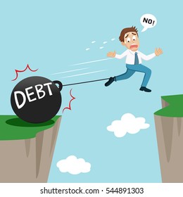 Businessman across the cliffs fail because debt ball, vector illustration cartoon