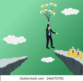 Businessman across gap of cliff for go to profit money with flying idea , success concept