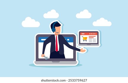 A businessman acting as customer service is on a laptop, showing a marketplace website, illustration of evaluation and maintenance of the marketplace website  