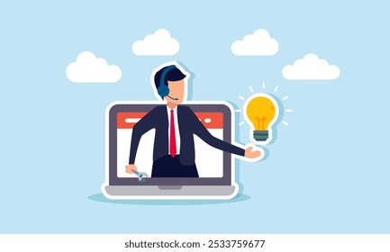 A businessman acting as customer service is on a laptop, showing a light bulb, illustration of a business solution or innovative business idea  