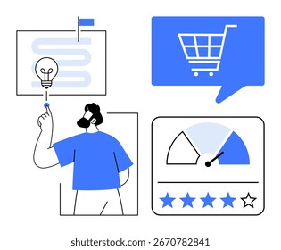 Hombre de negocios que activa el Botón de la idea, Carrito de compras en la burbuja del discurso, indicador del funcionamiento, calificación de cinco estrellas. Ideal para comercio electrónico, estrategia, compras, innovación, satisfacción del Cliente, rendimiento