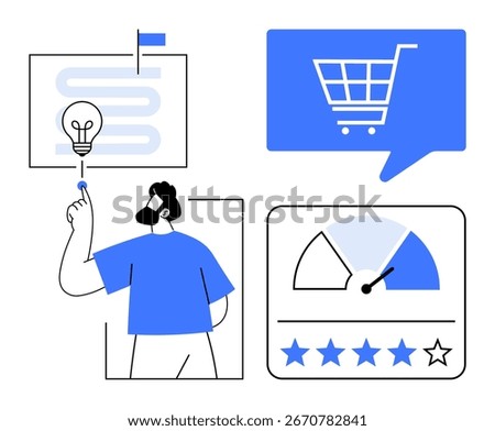 Businessman activating idea button, shopping cart in speech bubble, performance gauge, five-star rating. Ideal for eCommerce, strategy, shopping, innovation, customer satisfaction, performance