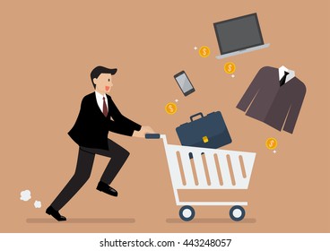 Businessman add a clothing and accessories into cart. Shopping concept