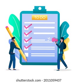 Businessman adding check mark in to do list with tasks on clipboard, flat vector illustration. Task management, planning, scheduling.