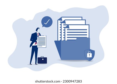 Businessman adds file to big folder. Storage and indexing of information. Businessman holds paper document. User and data archive.