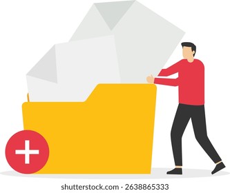 Businessman adds file to big folder. Storage and indexing of information. Businessman holds paper document. User and data archive. stock illustration

