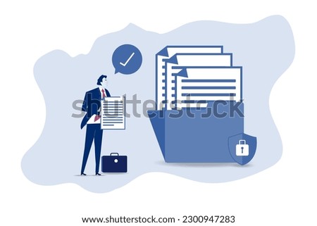 Businessman adds file to big folder. Storage and indexing of information. Businessman holds paper document. User and data archive.