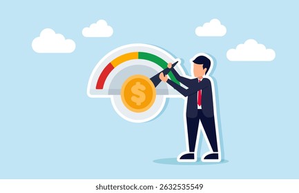 Businessman adjusting level indicator machine marked with dollar coin illustration of business financial performance