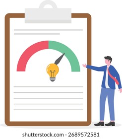 Businessman adjusting level indicator machine marked with happy emoticon illustration of market attention performance toward business product
