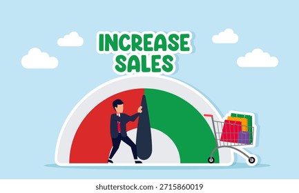 Hombre de negocios que ajusta una aguja del metro del nivel con las palabras Aumente las ventas que ilustran los esfuerzos para mejorar el funcionamiento de la comercialización y para impulsar ventas totales del negocio