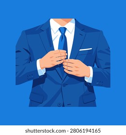Businessman adjusting tie while wearing a suit against blue background  