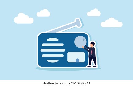 Businessman adjusts the frequency channel of a radio, illustration of searching for accurate and suitable information from the right radio channel