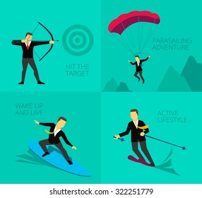 Businessman adventure activities overcoming difficulties. Symbolic image of work journey. Shoot a bow.