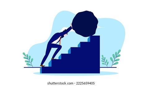 Businessman adversity - Man pushing heavy rock up stairs, business problem and difficulty concept, flat design on white background