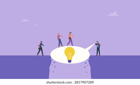 Businessman advisor talking with speech bubble to help people cross the gap. Advice, suggestion or solution to solve business problem, instruction or guidance to overcome difficulty or answer concept.