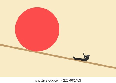 businessman afraid from big ball. concept of financial stress, credit issues, loans.