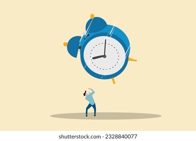 Businessman afraid with big clock falling down. concept of Run out of time, work deadline and time countdown