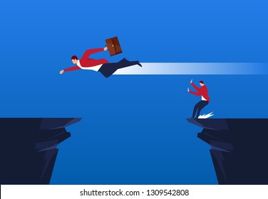 A businessman is afraid to jump over the cliff and another fly over the cliff