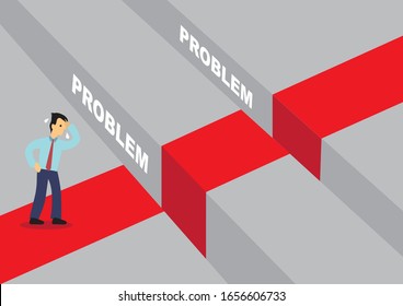 Businessman afraid of overcoming the problems gaps. Concept on overcoming challenges and limitation. Vector cartoon illustration