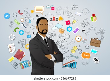 Businessman African American Race Over Doodle Hand Draw Sketch Concept Background Business Man Vector Illustration