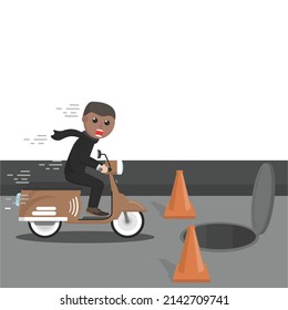 businessman african panic beause open sewer hole design character on white background