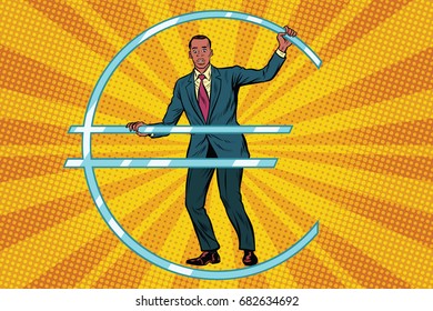 Businessman African prisoner in jail euro money. Pop art retro comic book vector illustration