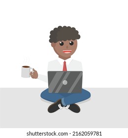 businessman african work by laptop with coffe design character on white background