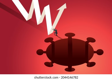 Businessman against down arrow chart financial Crisis of COVID-19 Coronavirus Pandemic Overcoming crisis from falling in economic collapse from pathogen. isometric vector illustration.