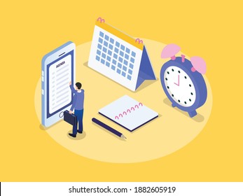 Businessman with agenda app isometric 3d vector concept for banner, website, illustration, landing page, flyer, etc.