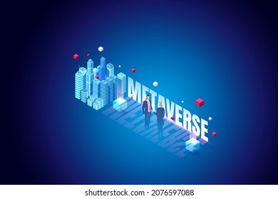 Businessman agrees to buy land in a virtual world. Experience Metaverse, the limitless virtual reality technology. isometric vector illustration.