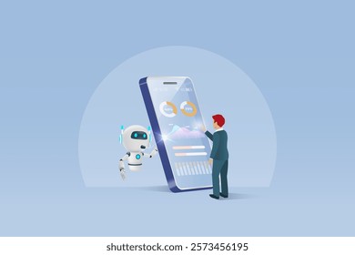 Businessman with AI artificial intelligence robot on smart phone for analyzing business graph chart.  AI technology as smart digital assistant for business analysis to develop smart solution. Vector.