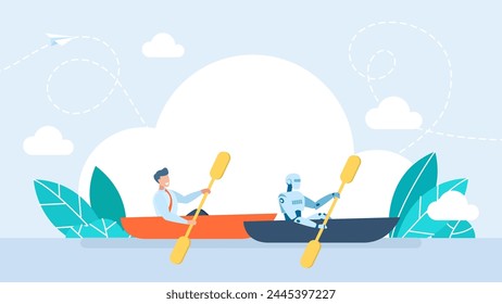 A businessman and AI race on boats. Competition with artificial intelligence. Robot vs Human. Concept business technology. Robot and Human conflict. Concept business direction. Vector illustration