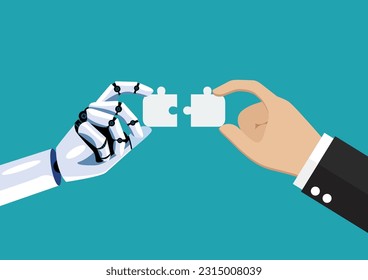 Businessman and AI robot hand connect jigsaw puzzle together. Human and AI Artificial Intelligence working together. Vector illustration