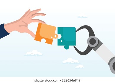 Businessman and AI robot hand connect jigsaw puzzle together, human and AI Artificial Intelligence working together, machine or automation to help or support work, solution or connect idea (Vector)