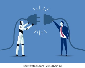 Businessman and Ai robot  hold plugs to connect. Cooperation interaction. Collaboration teamwork. Concept for planning, business strategy and connection.