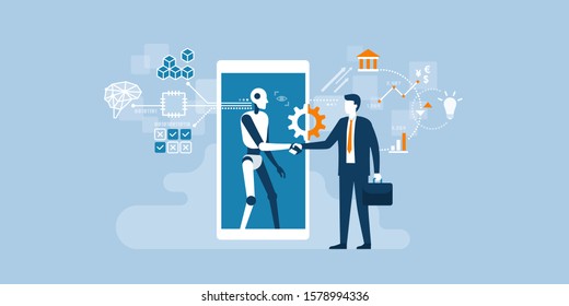 Businessman and AI robot shaking hands and cooperating together for a common goal