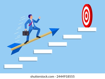 Businessman aim arrow to target on staircase going up. Goal setting. Smart goal. Business target concept. Achievement and success. Vector illustration in flat style