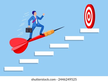 Businessman aim arrow to target on staircase going up. Goal setting. Smart goal. Business target concept. Achievement and success. Vector illustration in flat style