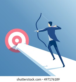 businessman to aim at a target archery, employee runs on the arrow to the goal, manager shoots from a bow at a target