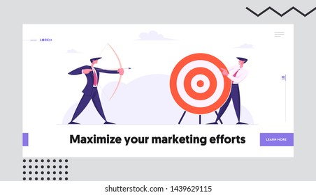 Businessman Aiming Arrow to Target Board. Opportunity, Challenge, Task Solution, Business Strategy Concept, Goals Achievement Website Landing Page, Web Page. Cartoon Flat Vector Illustration, Banner