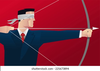 Businessman aiming blindfold with bow & arrow vector illustration.