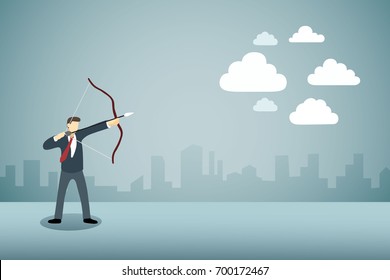 Businessman Aiming bow with arrow to clouds or cloud computing.