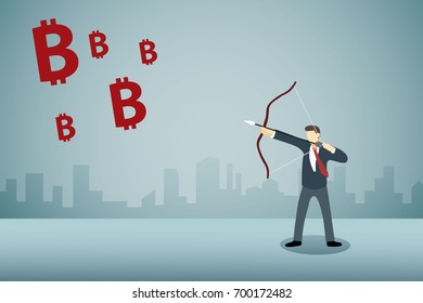 Businessman Aiming bow with arrow to falling bitcoin sign.