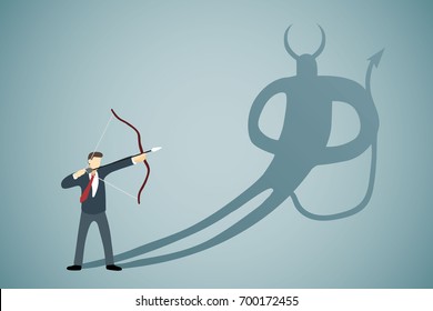 Businessman Aiming bow with arrow to his own Devil shadow 