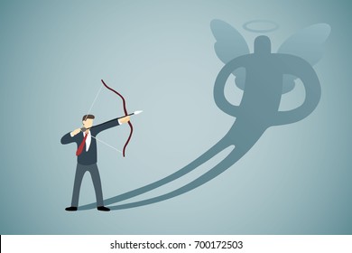 Businessman Aiming bow with arrow to his own angel shadow 