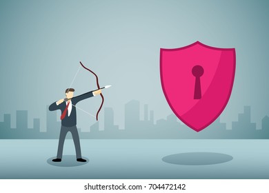 Businessman Aiming bow with arrow to security shield.